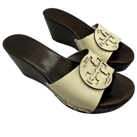 Tory Burch Women's Patty Patent Leather Platform Wedge Slide Sandals Sz 8 - Picture 1 of 7